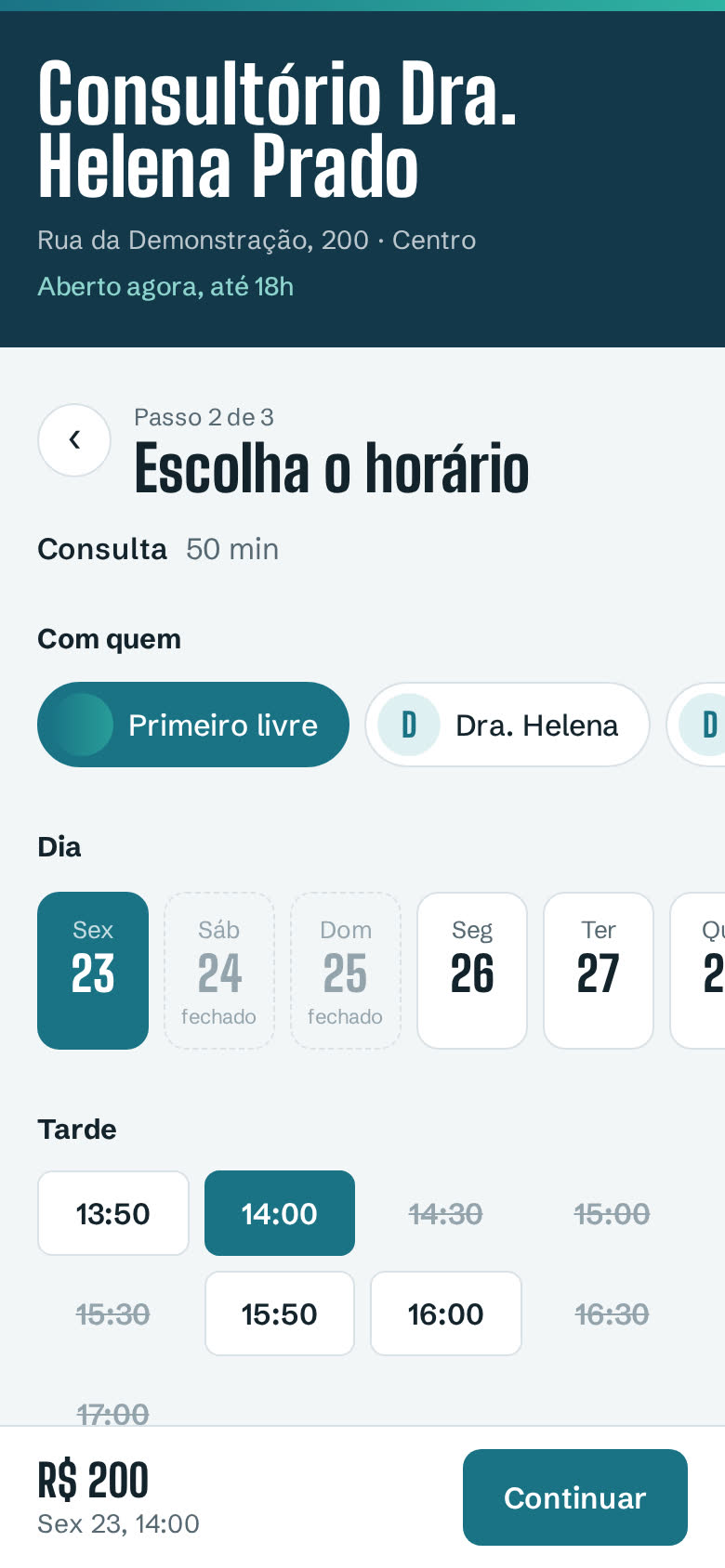 Tela de agendamento com escolha do profissional, do dia e do horário